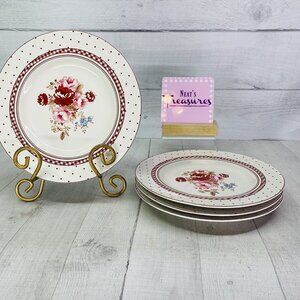 Country Living CUJ1 Center Red Rose Dot Stoneware White Salad Lunch Plates Set 4